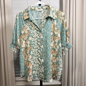 Pleione Green Floral Button Front Blouse Smocked Cuffs Size Small